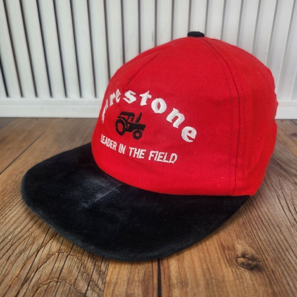 VTG Firestone Leader In The Field Strapback Hat Cap Red Black Tractors Farm USA